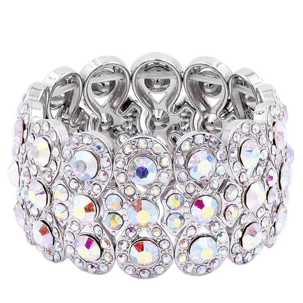 Silver and Iridescent AB Austrian Crystal Infinity Stretchable Bracelet Bangle